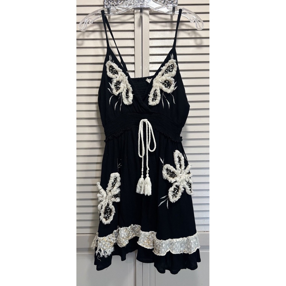 POL Black/Ivory Fringe Sequin Embroidery Flower Short Dress Large Adj Straps